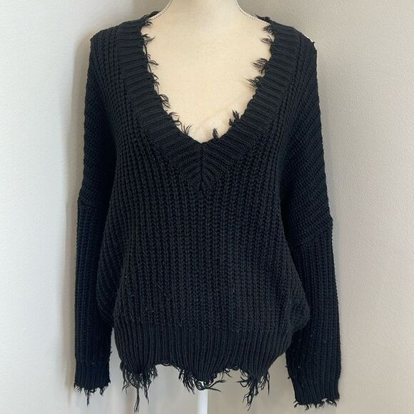 Cold Shoulder Deep V Neck distressed Fringed Sweater - Picture 1 of 4